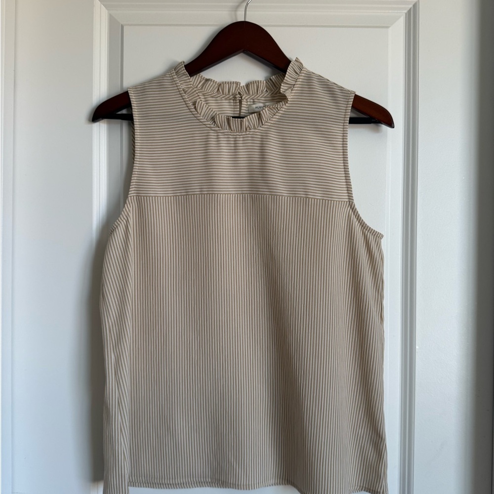 Pleione Beige Striped Sleeveless Blouse